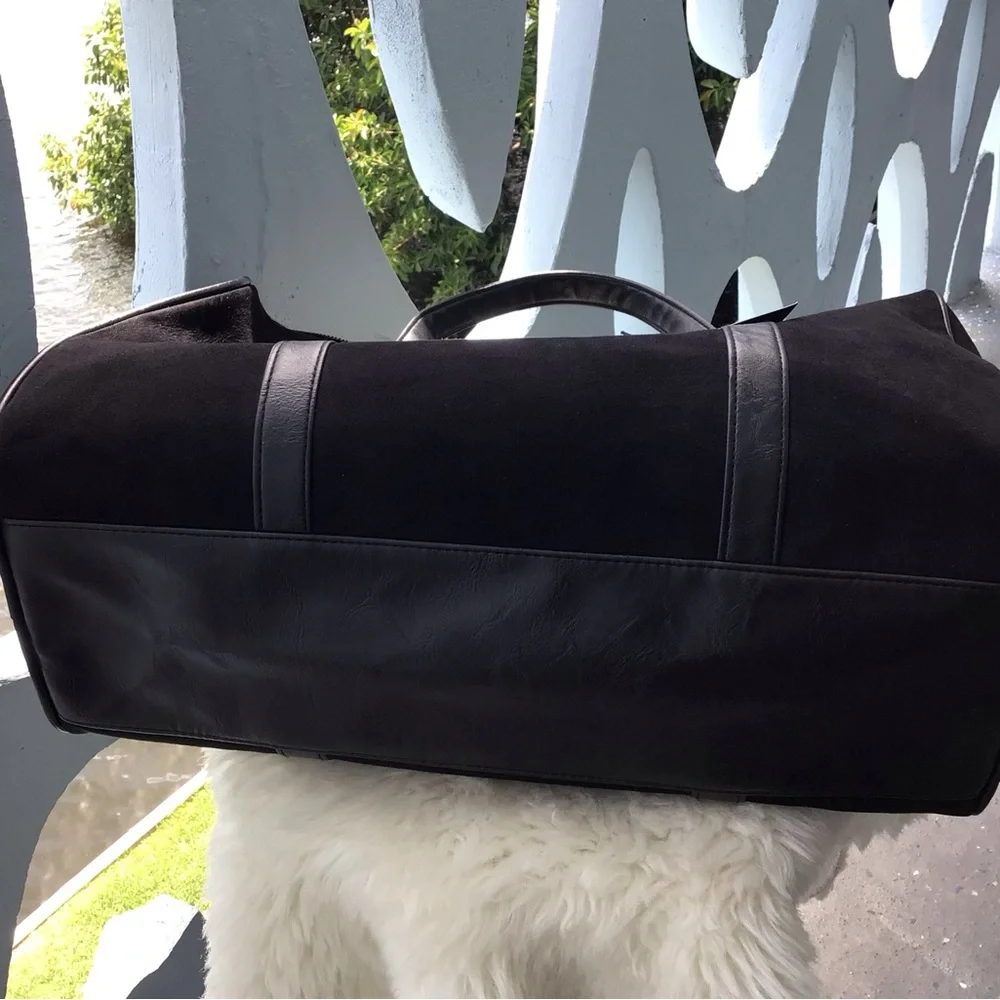 John Varvatos Black Faux Suede and Faux Leather Trim Duffel Bag with Top Handles